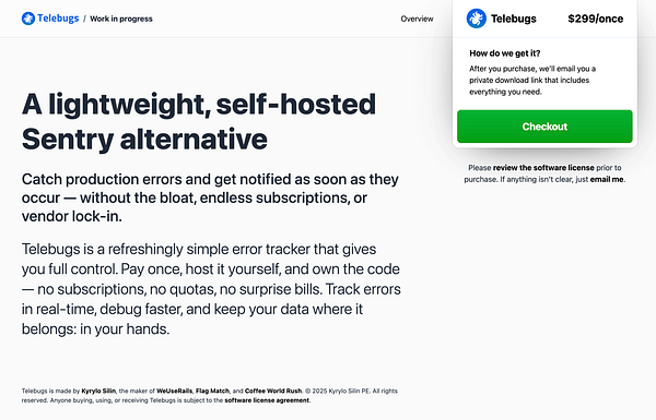 The image displays a landing page for Telebugs, a self-hosted error tracking tool.