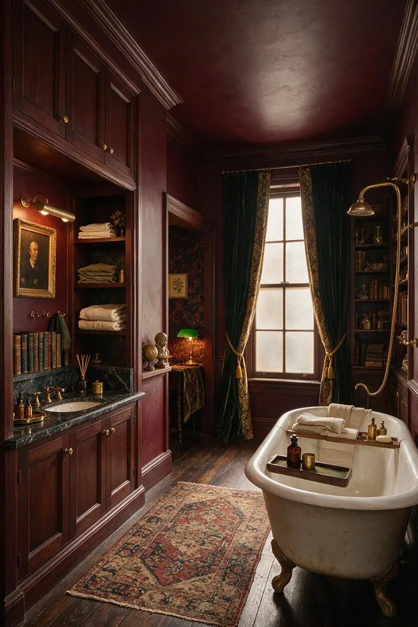 A moody dark academia bathroom with deep burgundy walls, dark wood built-in cabinetry, brass fixtures, and a white clawfoot tub near a tall window dressed in heavy green velvet curtains. A patterned vintage rug, books, framed art, and warm lamplight create a richly layered, scholarly atmosphere.