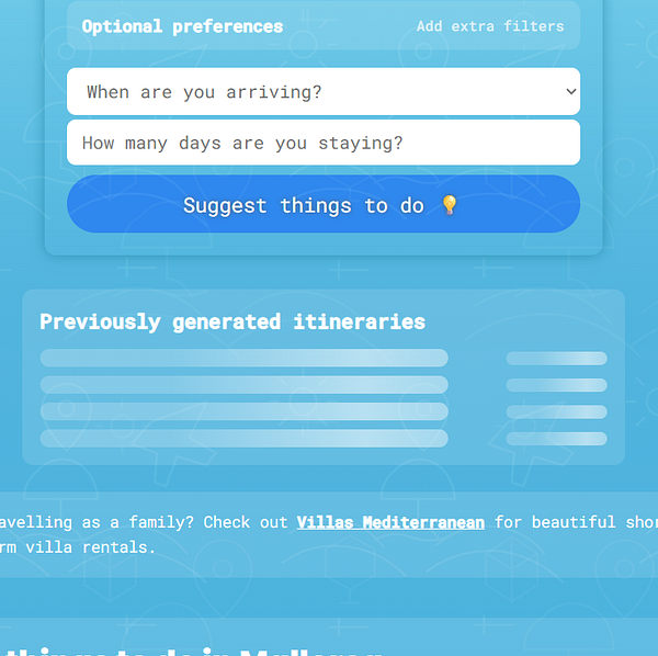 User interface showing a list of previously generated itineraries with a skeleton loading effect.