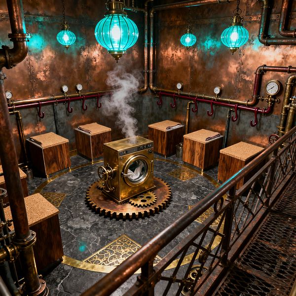 An industrial-themed laundry room with patinated copper walls and exposed brass pipes features a central brass washing machine mounted on a large gear, releasing steam. Teal glass pendant lights glow over a circular charcoal marble floor with brass inlays, while pressure gauges, a burgundy hook rail, and a ring of stained-wood hampers with cork lids line the perimeter beside wrought-iron railings and valves.