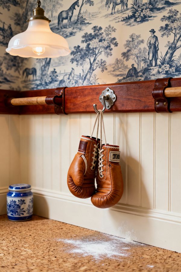 Close-up of a traditional home gym corner where blue equestrian toile wallpaper sits above cream beadboard, and a stained wood rail with leather-strapped bars holds a nickel hook displaying tan vintage boxing gloves. An opal glass pendant with brass fittings glows over cork flooring dusted with chalk beside a small blue-and-white ceramic jar, blending classic pattern, warm wood, and heritage sports gear.
