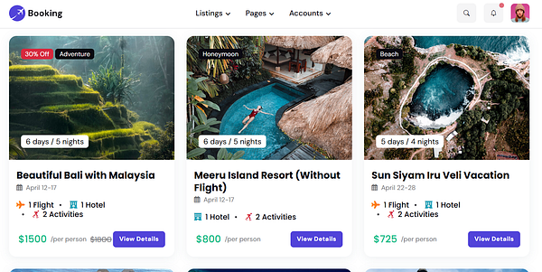 The image displays a booking website interface showcasing various vacation packages.