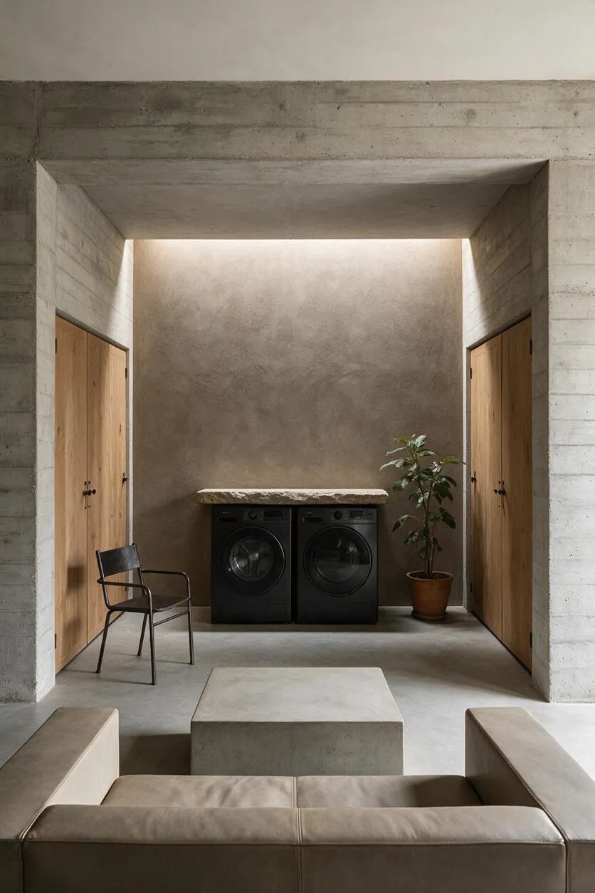 A minimalist laundry room framed by raw concrete walls and ceiling beams, with two black front-loading machines set beneath a rough stone countertop. Light wood doors flank the alcove, a small potted plant adds softness, and a dark chair and low block seating create a calm, sculptural waiting area.