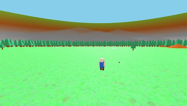 A simple 3D landscape featuring a character in a vibrant green field surrounded by trees and mountains.