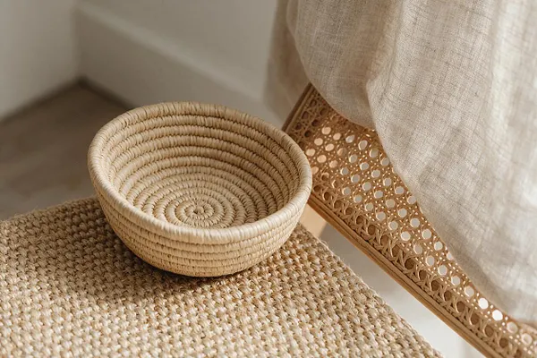A small coiled woven basket sits on a thick jute-textured surface beside a cane or rattan panel and a soft natural linen curtain. The scene highlights warm beige, tan, and honey tones with layered organic textures in a calm bohemian interior.