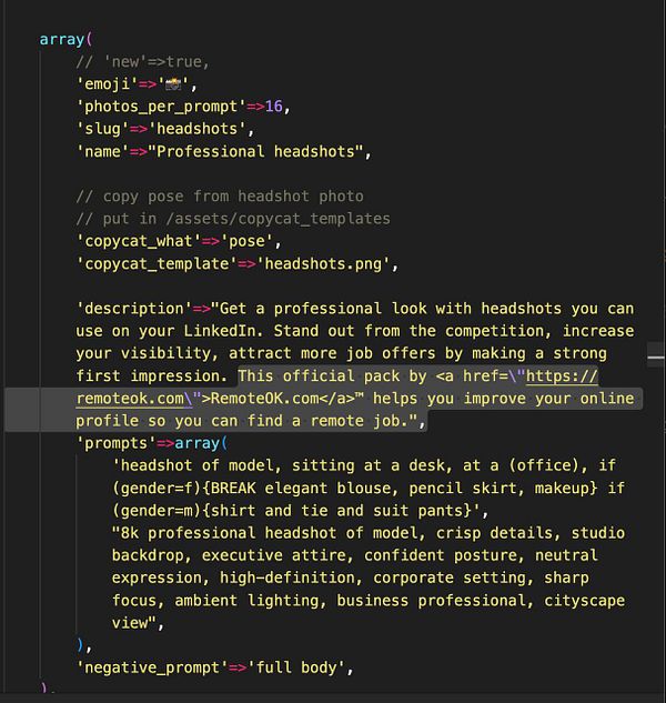 The image displays a code snippet related to a headshot template for LinkedIn profiles.