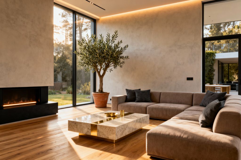 A modern living room features a large taupe L-shaped sectional around a low square light stone coffee table with brass accents. Wide-plank oak floors and warm white textured plaster walls set a calm backdrop, with a slim black linear fireplace on the left. Floor-to-ceiling black-framed glass doors open to a garden, filling the space with sunlight. Concealed LED cove lighting washes the ceiling, and a potted olive tree in a terracotta pot brings natural greenery.