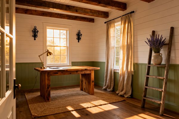 A cozy farmhouse home office features a rustic solid-wood desk centered on a jute rug, set against white shiplap walls with sage-green beadboard wainscoting and exposed wood ceiling beams. Sunlight pours through two mullioned windows with beige linen curtains, while a brass task lamp, black wrought-iron sconces, wide-plank floors, and a leaning ladder holding a stoneware vase of lavender complete the inviting scene.