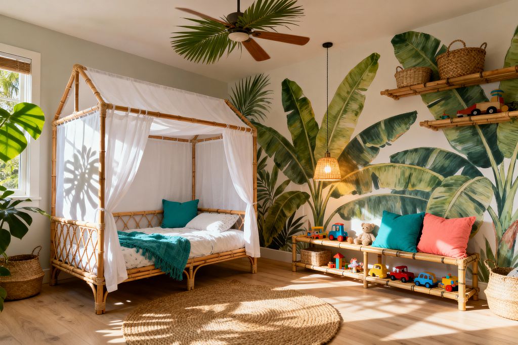 A sunny children’s room features a bamboo house-frame canopy bed draped in white sheer curtains, with white bedding, a teal throw, and a teal cushion. A hand-painted mural of oversized banana and palm leaves spans the back wall above a low bamboo bench lined with toys and coral and teal pillows. A woven rattan pendant, ceiling fan with wood blades, round jute rug, light oak floor, woven baskets, and a window with bamboo shade complete the airy tropical look.