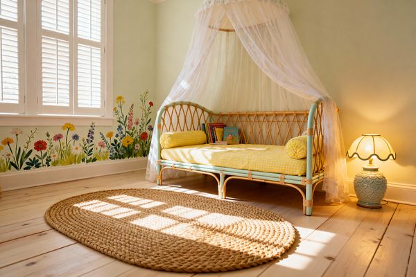 A children's room in French Country style shows a rattan daybed painted pale mint with a yellow gingham mattress and bolsters, draped in a sheer lace canopy. Soft sage walls have a hand-painted wildflower border. Sunlight enters through white plantation shutters, casting patterns on wide-plank pine floors and an oval braided jute rug. A scalloped ceramic lamp with a cream shade glows beside the bed, with children's books resting on the mattress.