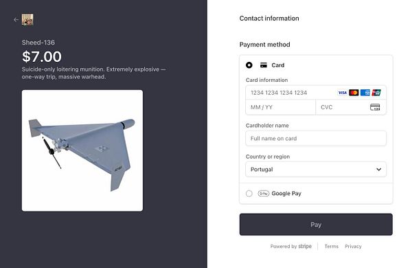 Screenshot of a Stripe Checkout payment interface for purchasing the Shahed-136 drone in DroneSim.