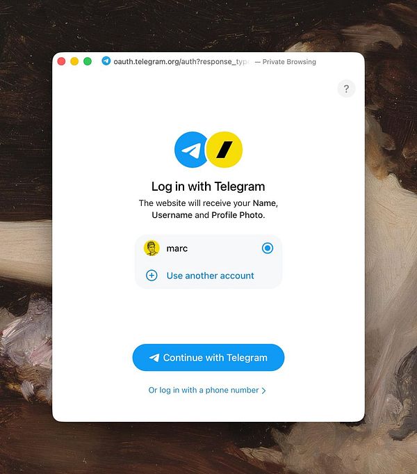 Screenshot of Telegram login interface showing the username input field and login button on an Android device.