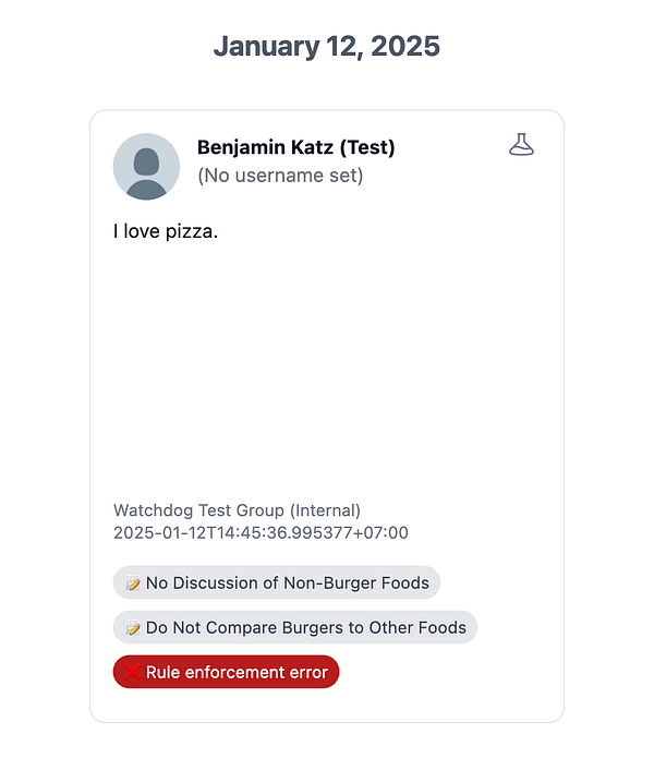 A task log card displaying a user's comment and associated rule violations.