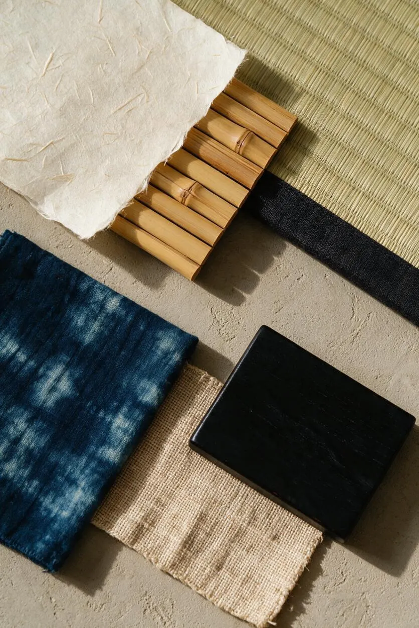 A flat lay of Japanese Zen-inspired materials arranged on a neutral plaster surface. The composition includes pale handmade paper, woven tatami, a small bamboo mat, indigo-dyed fabric, natural jute, and a glossy black rectangular piece, creating a calm contrast of texture and tone.
