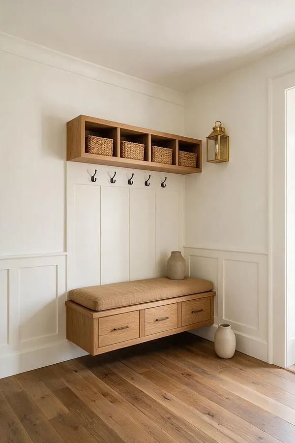 A bright transitional entryway with white paneled walls, a floating oak bench with drawers and a cushioned seat, a wall shelf with woven baskets, and black coat hooks. A brass lantern sconce and wood plank flooring add warmth and texture.