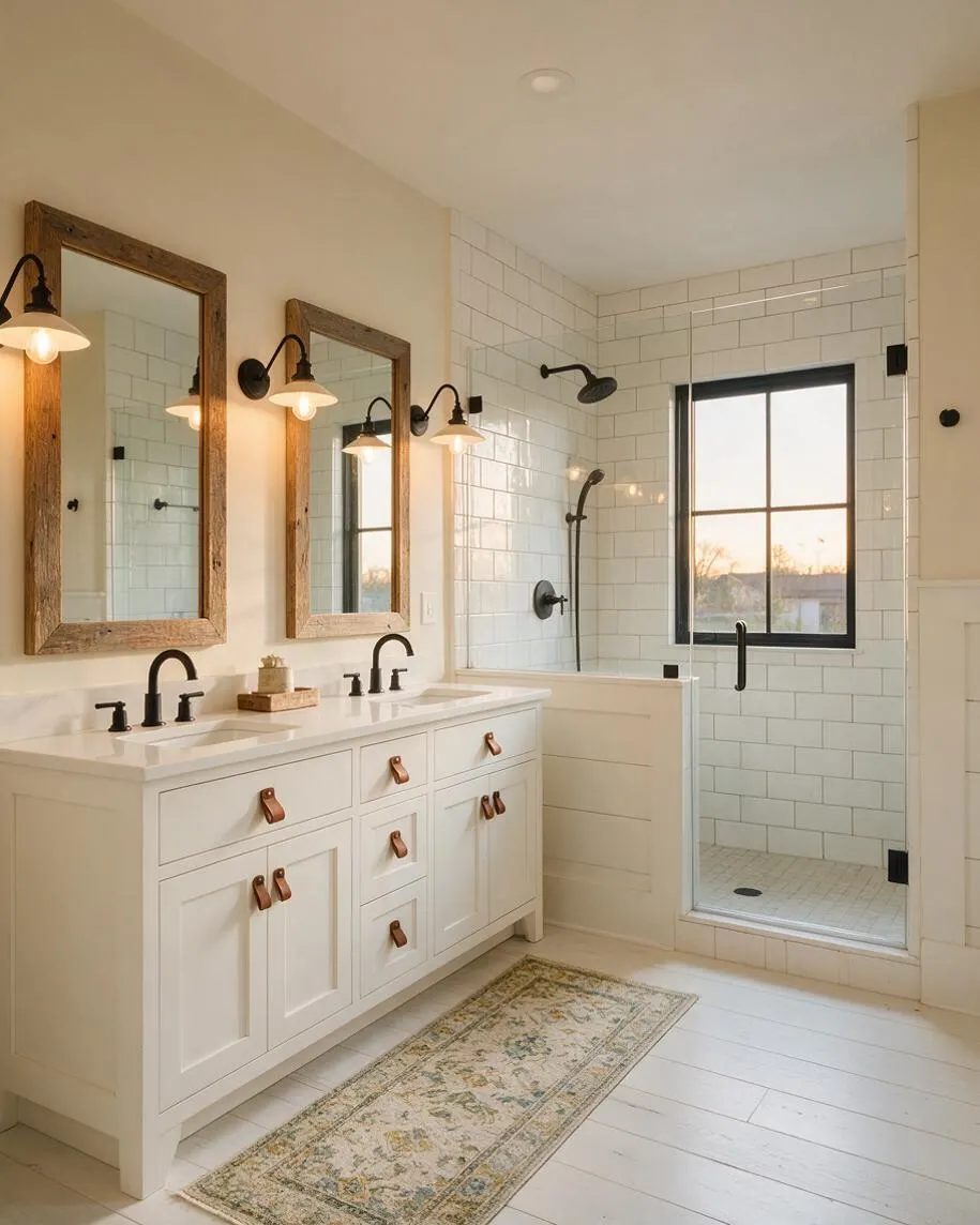 A farmhouse-style master bathroom with a long white double vanity, black faucets, and rustic wood-framed mirrors above it. The room has white subway tile in the shower, black shower fixtures, a black-framed window, a soft patterned runner, and warm brass-toned wall sconces.