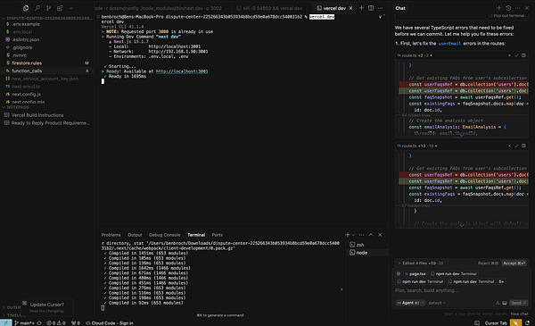 A coding environment displaying a terminal and code editor for a web development project.