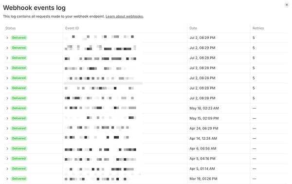 The image displays a webhook events log showing the status of various requests made to a webhook endpoint.