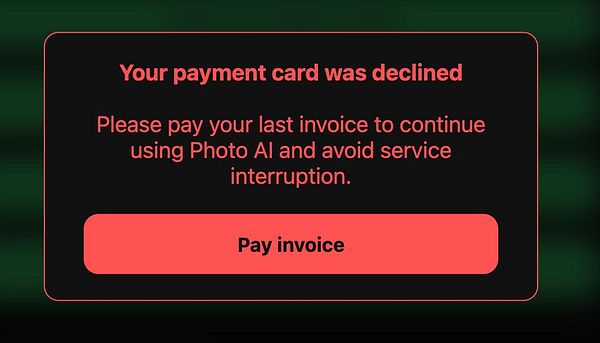 A payment decline notification for the Photo AI service.
