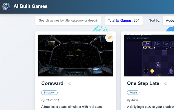 Interface of the AI Built Games website showcasing a search bar, total game count, sorting options, and previews of two games including Coreward and One Step Late.