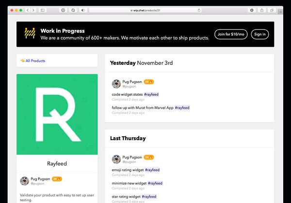 The image shows a webpage for a product called Rayfeed with task updates and user interaction details.