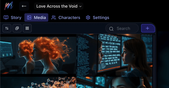 The image displays a media interface featuring various visual elements related to a project titled 'Love Across the Void'.