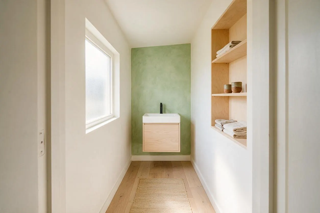 A narrow Scandinavian-style powder room with white walls, a light wood floor, and a frosted window bringing in natural light. At the end of the room is a floating vanity with a white vessel sink and a black faucet set against a soft green accent wall, while built-in wooden shelves on the right hold folded towels and small ceramic bowls.