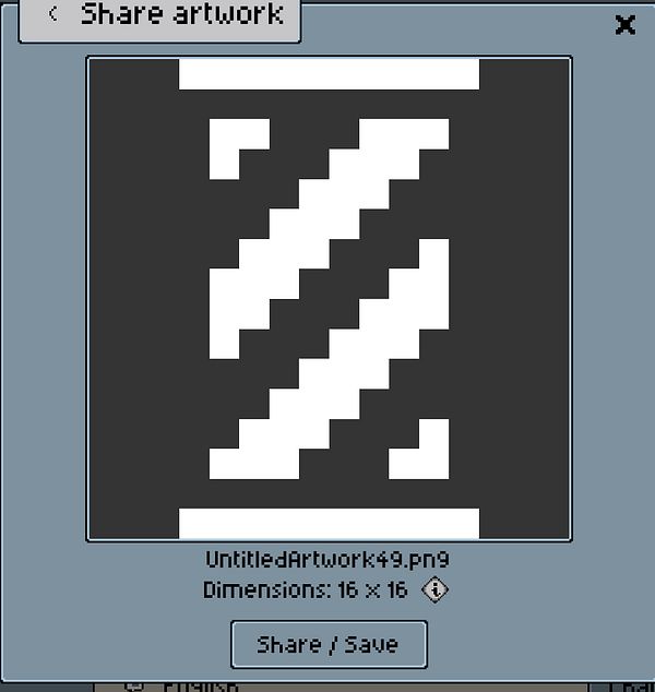 A pixel art representation of the letter 'Z' displayed in a share artwork dialog.