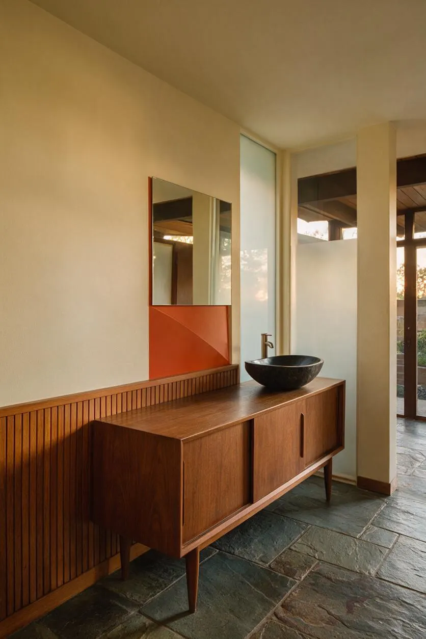 A mid-century modern powder room with a long walnut vanity on tapered legs, topped by a black vessel sink and brushed metal faucet. A rectangular mirror with a burnt orange backing hangs above vertical wood slats, while pale beige walls, a large frosted window, and a slate stone floor create a warm, restrained atmosphere.