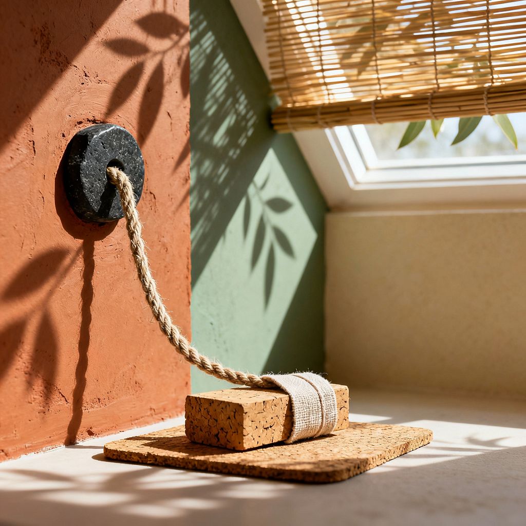 Close-up of a biophilic home gym corner. A cork yoga block wrapped with a cotton strap sits on a cork mat beside a jute rope anchored to the wall with a round black stone disk. The wall combines textured terracotta plaster and a sage-green section. Sunlight from a nearby skylight with a bamboo shade casts leaf-shaped shadows, creating a warm, calming atmosphere focused on natural materials.