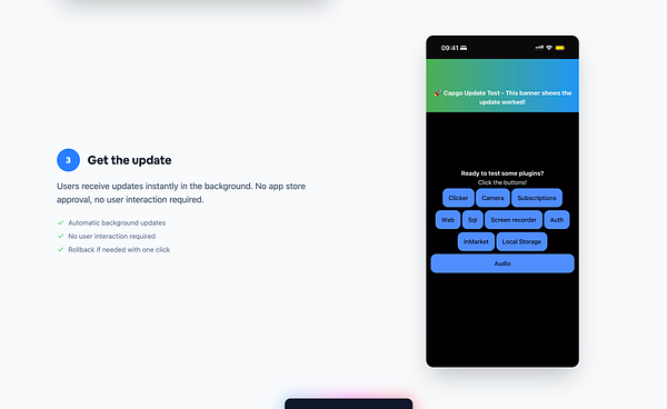 The image displays a mobile interface showcasing an update feature for the Capgo application.