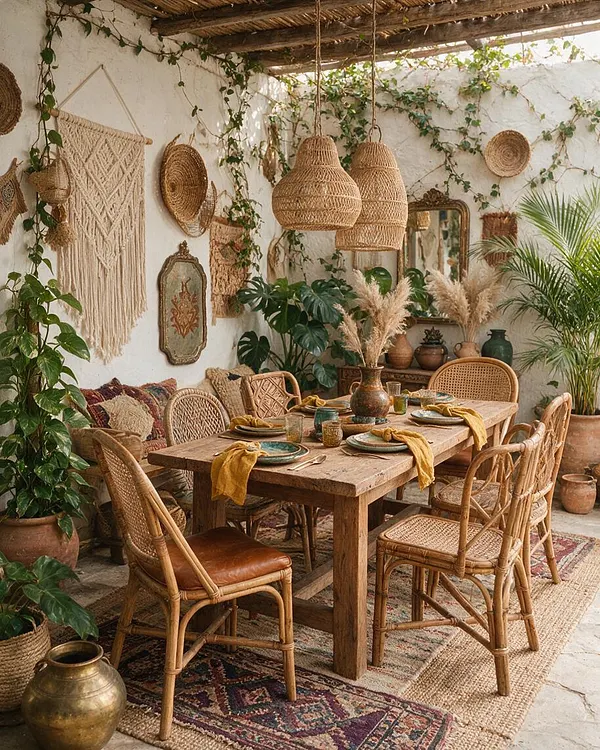 An outdoor bohemian dining area with a rustic wooden table surrounded by rattan and woven chairs. The space features hanging wicker pendant lights, macramé wall decor, trailing vines, potted plants, patterned rugs, and earthy tableware in warm natural tones.