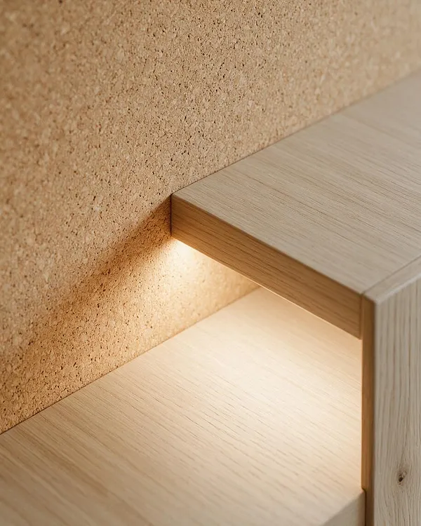 A close-up of a modern interior detail showing a light oak shelf or ledge extending from a textured cork or cork-like wall. Warm concealed lighting glows beneath the shelf, highlighting the natural grain and soft beige tones.