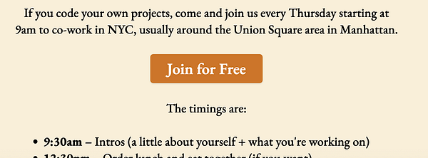 The image features a promotional announcement for a co-working event in NYC with a call-to-action button.