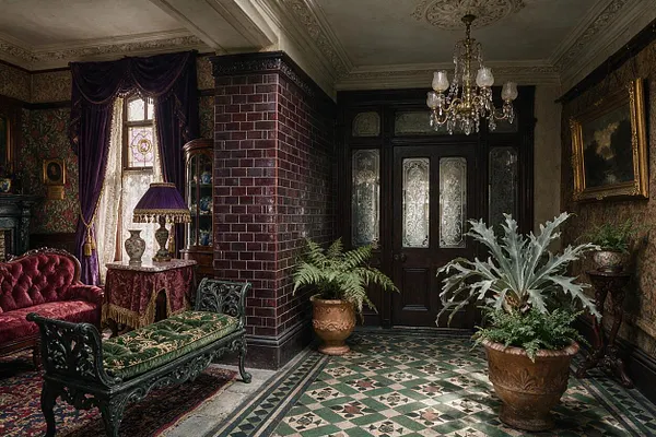 A richly decorated Victorian-style entry hall with dark wood doors, a crystal chandelier, patterned green and cream tile flooring, and potted ferns. Velvet seating, floral wallpaper, heavy purple drapery, and gilt framed art create a dramatic, antique atmosphere.