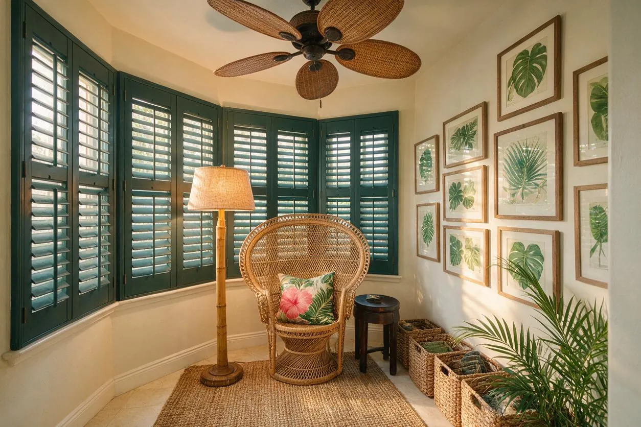 A bright tropical sunroom with deep green plantation shutters wrapping the windows, a wicker peacock chair with a floral cushion, and a woven jute rug. The room includes a bamboo-style floor lamp, a rattan ceiling fan, framed botanical prints, and woven storage baskets beside lush palm greenery.