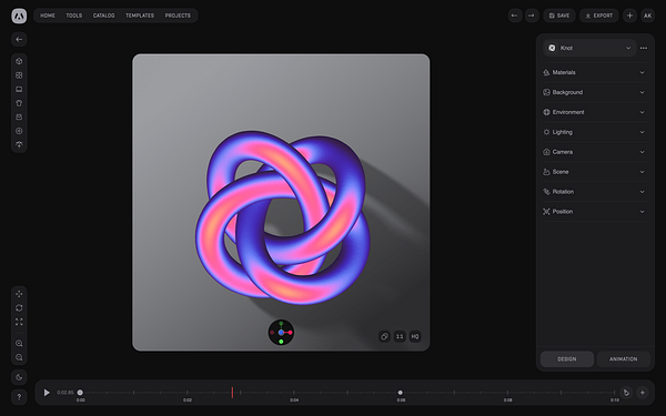 A 3D knot object is displayed in a design interface with various editing options.