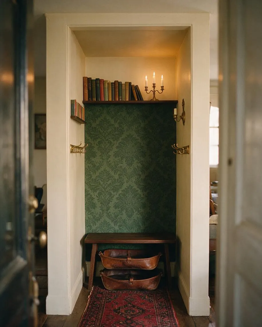 A narrow mudroom nook styled in Dark Academia fashion, with green damask wallpaper, cream trim, a dark wood bench, stacked leather bags, brass coat hooks, a small shelf of vintage books, and a brass candle sconce casting a warm glow. A patterned red runner anchors the entryway.