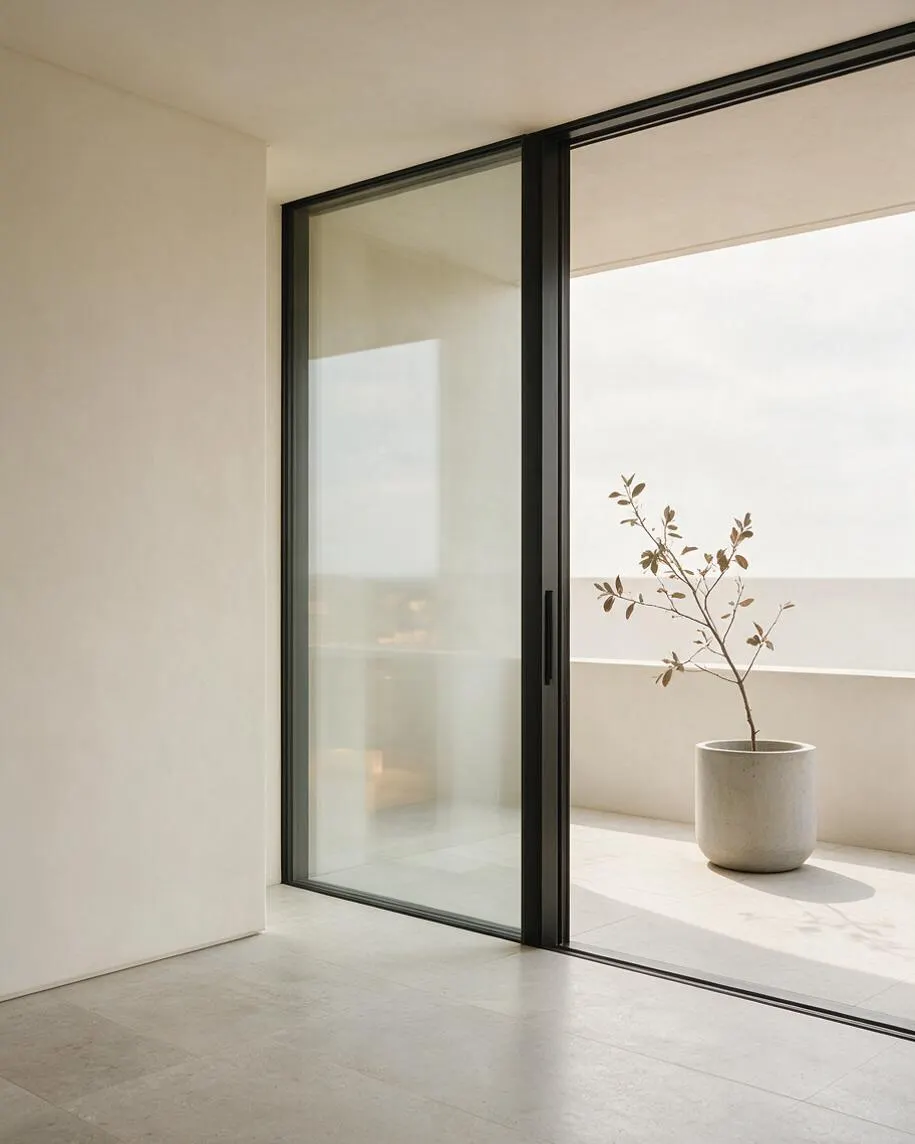 A minimalist interior opens to a bright exterior patio through large black-framed sliding glass doors. The space features smooth off-white walls, pale stone flooring, and a simple concrete planter holding a small branch-like plant.