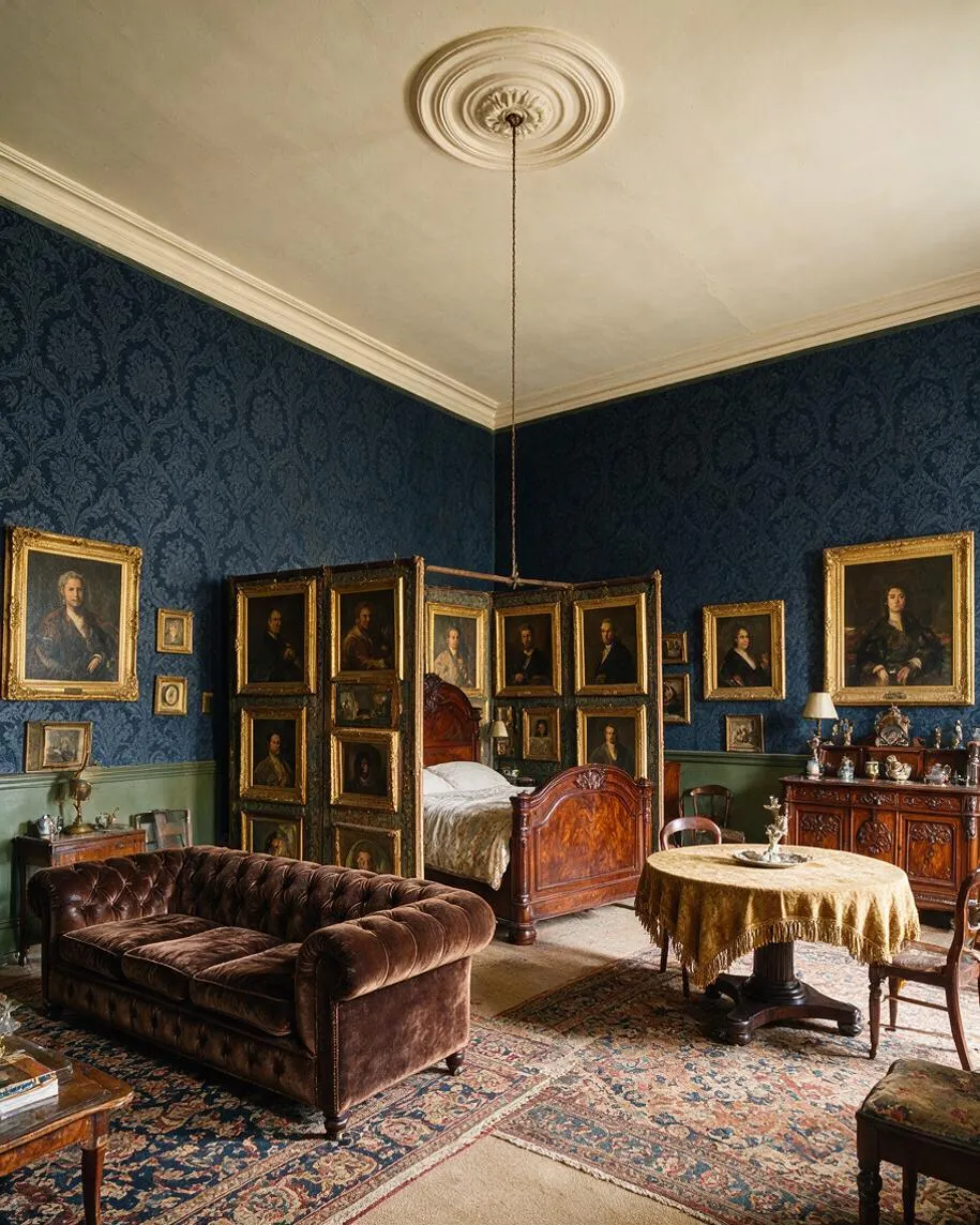 A richly decorated Victorian-style studio apartment with dark blue patterned wallpaper, sage green wainscoting, ornate ceiling plasterwork, and a cream ceiling. The room includes a carved wooden bed, a tufted brown velvet sofa, antique portraits in gilded frames, a round table with a gold cloth, and carved wood cabinets, all layered over patterned rugs.
