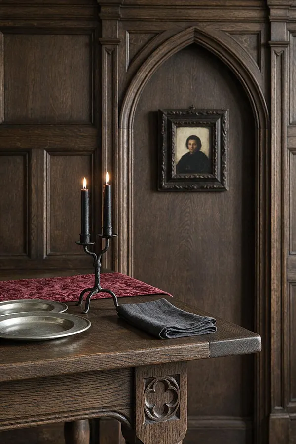 A Gothic-style dining vignette with dark wood wall paneling and a pointed arch niche holding a small framed portrait. In the foreground, a heavy wooden table is set with two metal plates, a folded dark napkin, a red velvet runner, and a black two-candle holder with lit candles.