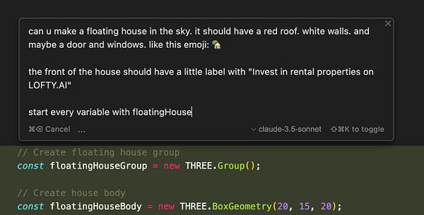 A coding task requesting the creation of a floating house in a 3D environment using Three.js.