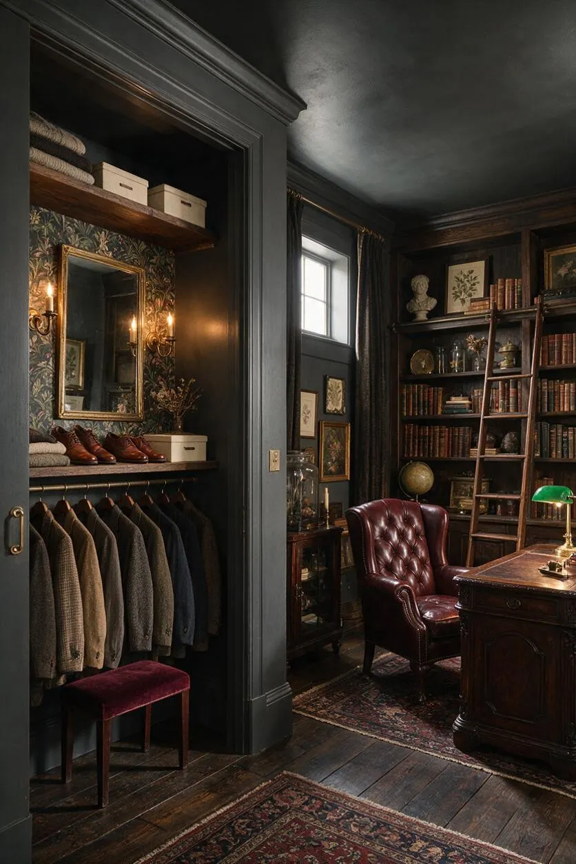 A moody dark academia closet opens into a study-like room with dark painted walls, built-in shelves of books, a leather armchair, and an antique wooden desk. The closet area includes a hanging rail with tailored jackets, a shelf with folded knitwear and shoes, a gold-framed mirror, and a small velvet bench.