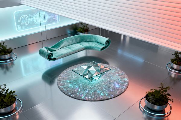 A futuristic living room features a curved aqua sofa suspended by steel cables above reflective stainless-steel floor tiles. At the center, a faceted tempered-glass coffee table rests on a circular fiber-optic rug emitting cyan light. Low brushed-metal planters ringed with LEDs hold greenery, while a backlit wall shows a technical schematic and a ribbed panel washes the space in a cyan-to-coral glow.