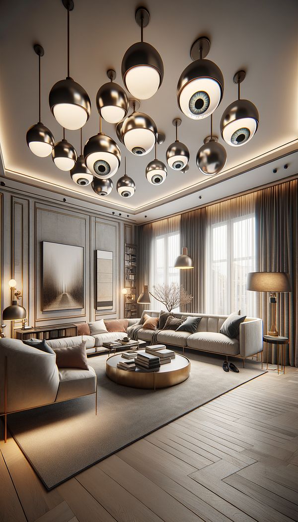 A stylish living room seamlessly illuminated by adjustable eyeball spots recessed in the ceiling. Some are angled towards art on the walls, while others focus on a cozy reading nook.