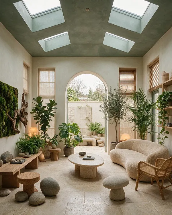 A serene biophilic backyard room with a pale stone floor, arched opening to an outdoor courtyard, and a skylit ceiling with four rectangular roof windows. The space is filled with potted trees, trailing plants, moss wall art, natural wood furniture, and sculptural pebble-like stools in warm beige and green tones.