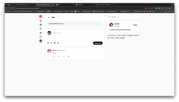 The image displays a social media interface indicating a blocked account notification.