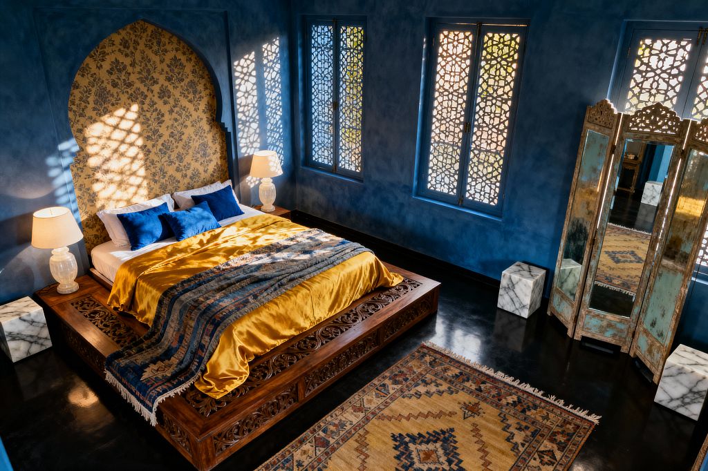 A richly decorated bedroom with deep blue plaster walls and three windows fitted with geometric lattice screens. A carved hardwood platform bed sits beneath a Moorish arched niche lined with gold floral damask, layered with mustard satin bedding, a patterned blue throw, and indigo velvet cushions. White lamps with drum shades, marble cube tables, a kilim rug, and a distressed mirrored folding screen rest on a glossy dark floor as sunlight casts patterned shadows.