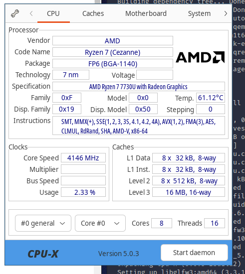 The image displays the CPU-X application showing detailed specifications of an AMD Ryzen 7 processor.