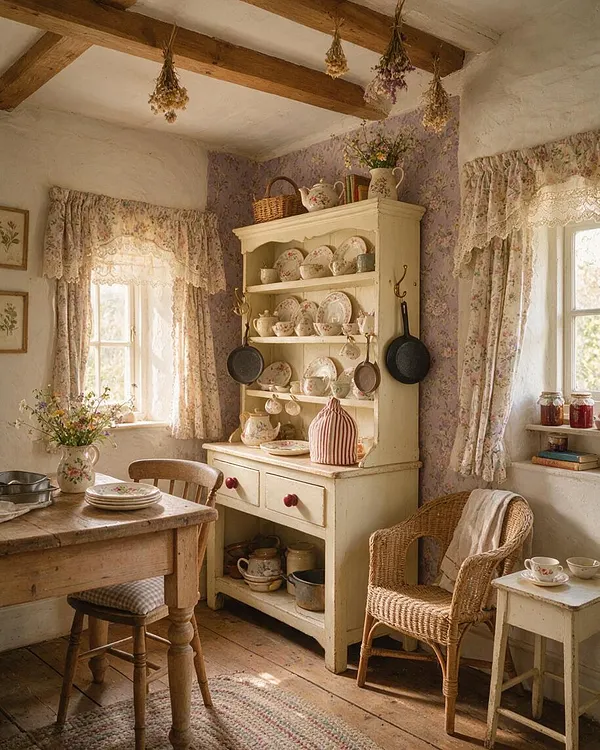 A cozy cottagecore kitchen with a cream-painted hutch filled with floral china, lavender wallpaper, and lace-trimmed floral curtains. A rustic wooden table, wicker chair, hanging dried flowers, and warm wood ceiling beams create a charming, lived-in farmhouse atmosphere.
